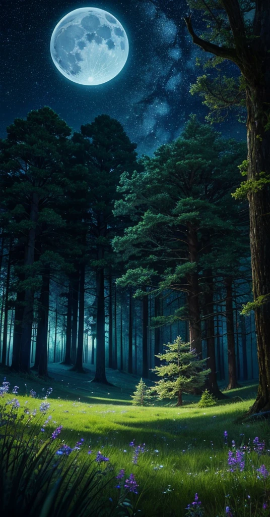 a comforting moonlit meadow in a lush forest at night, dark colors, peaceful atmosphere, moonlight, night sky, stars, ancient trees, mossy rocks, long grass, wildflowers