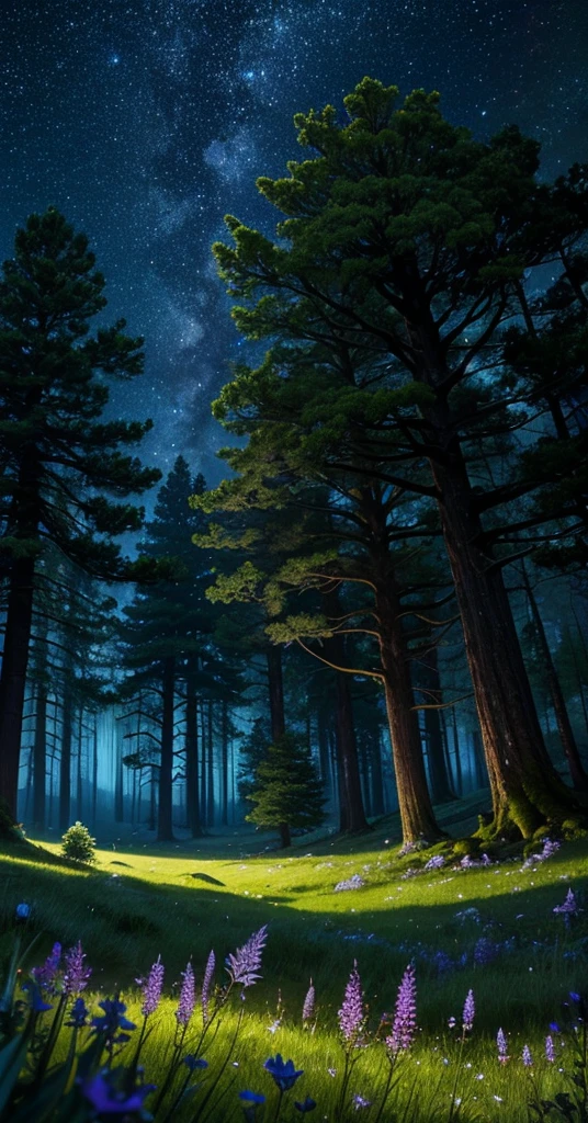 a comforting moonlit meadow in a lush forest at night, dark colors, peaceful atmosphere, moonlight, night sky, stars, ancient trees, mossy rocks, long grass, wildflowers