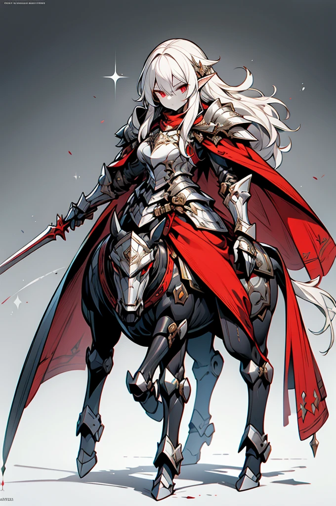 female half elf knight, full body art, silver hair, white skin, red iris eye, knight full plate adorned armor, silver cape, perfectly detailed, mounted on a black horse.