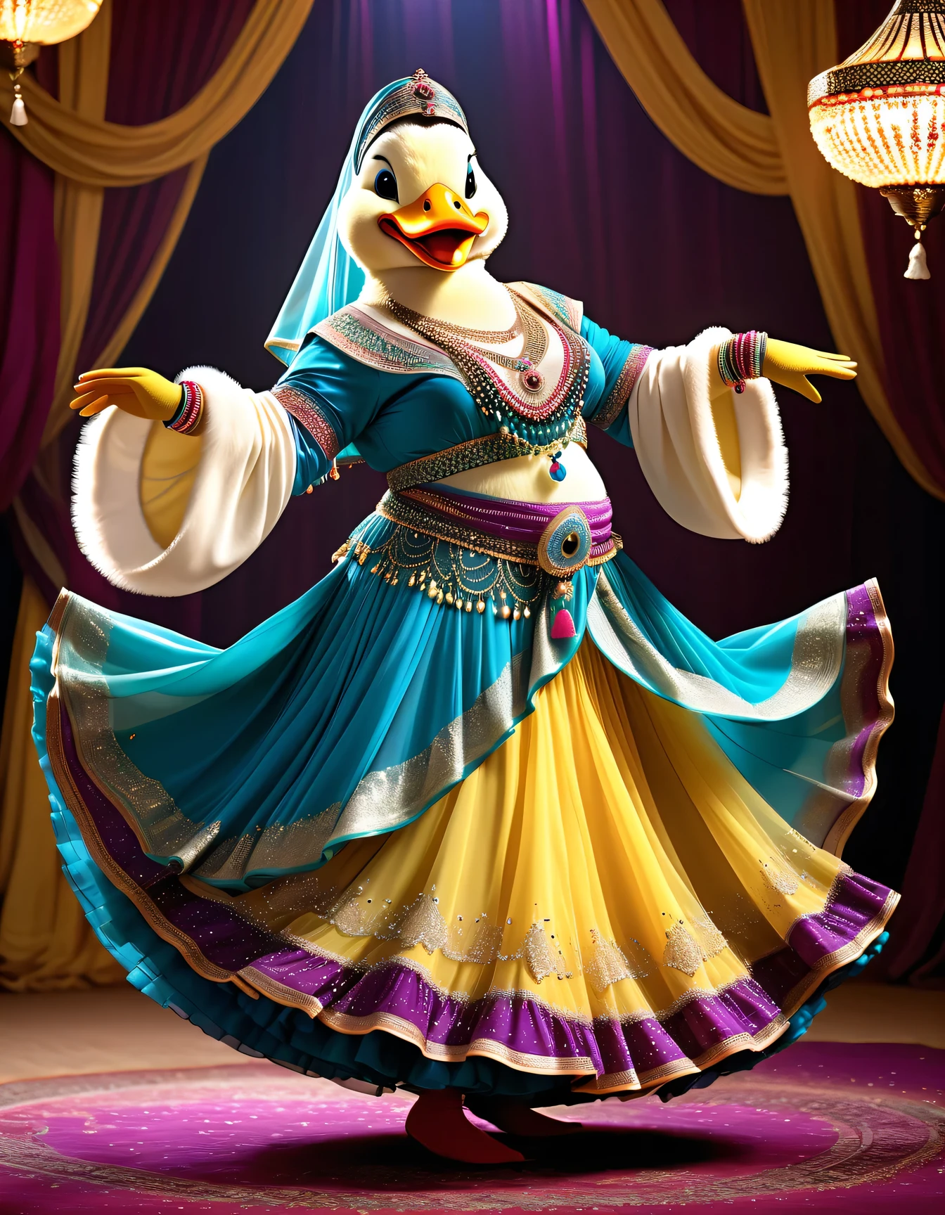 photorealistic portrait of Dressed animals - a ((fat)) ((duck)) dancer,(furry), (dynamic dancing:2.0), (swinging arms :2.0),(happy smile:1.5),high quality,(happy),(lovely) ,intricate details, (sheer veil), highly detailed (( gypsy belly dancing clothes)) ,highly detailed decorations of clothes, Wearing gypsy belly dancing clothes, , (happy), soft lighting,(full body image:1.5),Arabian palace background,(),
