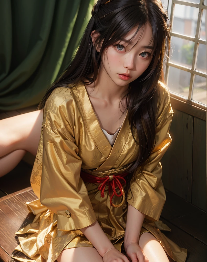 sit cross-legged on the floor, best quality, face focus, soft light, ultra high res, (photorealistic:1.4), RAW photo,
1japanese girl, solo, cute, (pupil, lights in the eyes),  detailed beautiful face, (small chest),(high resolution detail of human skin texture),
(long hair),
indoor,
Damask Shirt Dress,
(portrait)