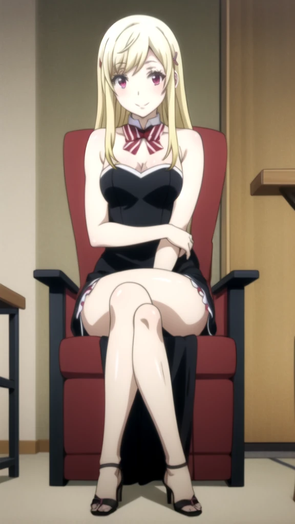yamada_yellow, 1chica , by rubio, alone, wide, hair ornament, , smile, bow, red eyes my dress darling anime, beautiful seductress anime girl sitting on chair crossing legs wearing black pointy heels ,long black dress , beautiful anime girl ,seductive ,ecchi ,HD quality