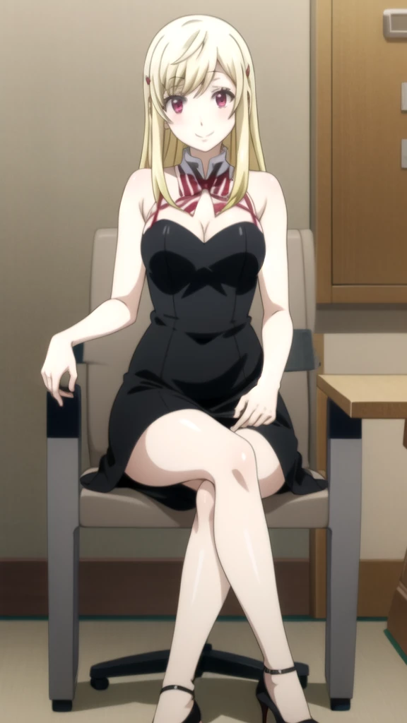 yamada_yellow, 1chica , by rubio, alone, wide, hair ornament, , smile, bow, red eyes my dress darling anime, beautiful seductress anime girl sitting on chair crossing legs wearing black pointy heels ,long black dress , beautiful anime girl ,seductive ,ecchi ,HD quality