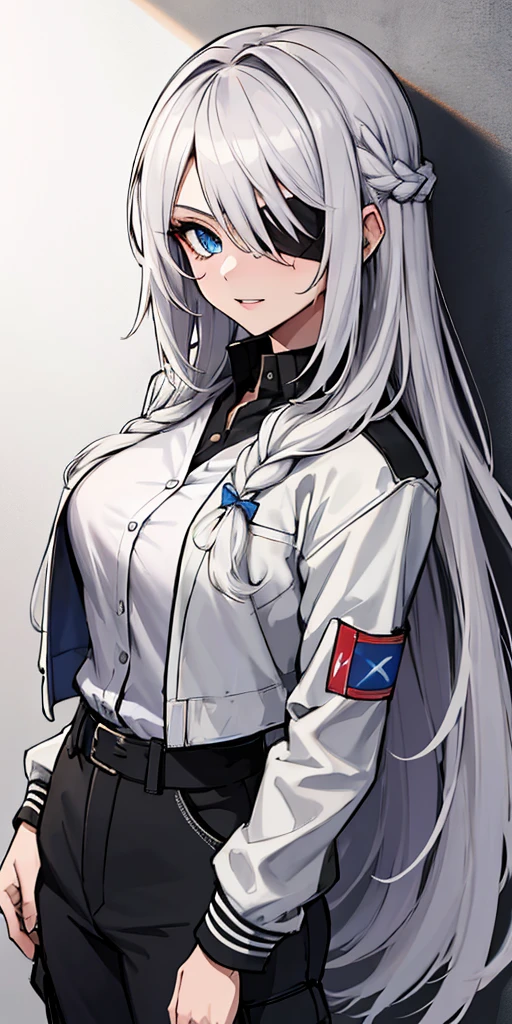 (absurdres, 8k, 4k, masterpiece, hyper extreme detailed:1.2), solo, 1girl, portrait, best quality, expressive eyes, perfect face, portrait, looking at viewer, solo, standing, casual wear, toned, white haired, eye patch, braided hair, long hair, medium breasts, scars, blue eyes, very long hair, military, cargo pants, white jacket,