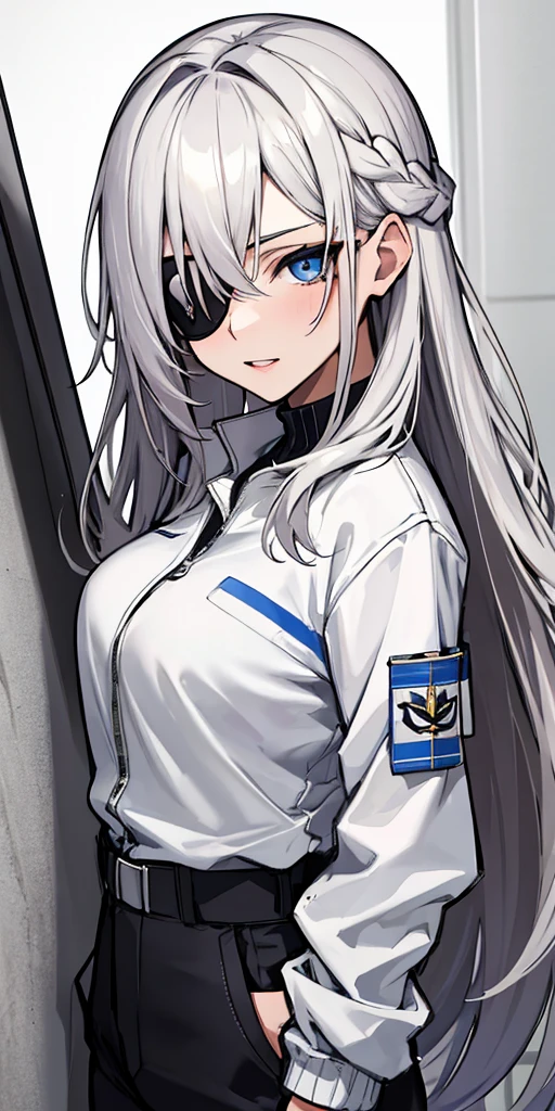 (absurdres, 8k, 4k, masterpiece, hyper extreme detailed:1.2), solo, 1girl, portrait, best quality, expressive eyes, perfect face, portrait, looking at viewer, solo, standing, casual wear, toned, white haired, eye patch, braided hair, long hair, medium breasts, scars, blue eyes, very long hair, military, cargo pants, white jacket,