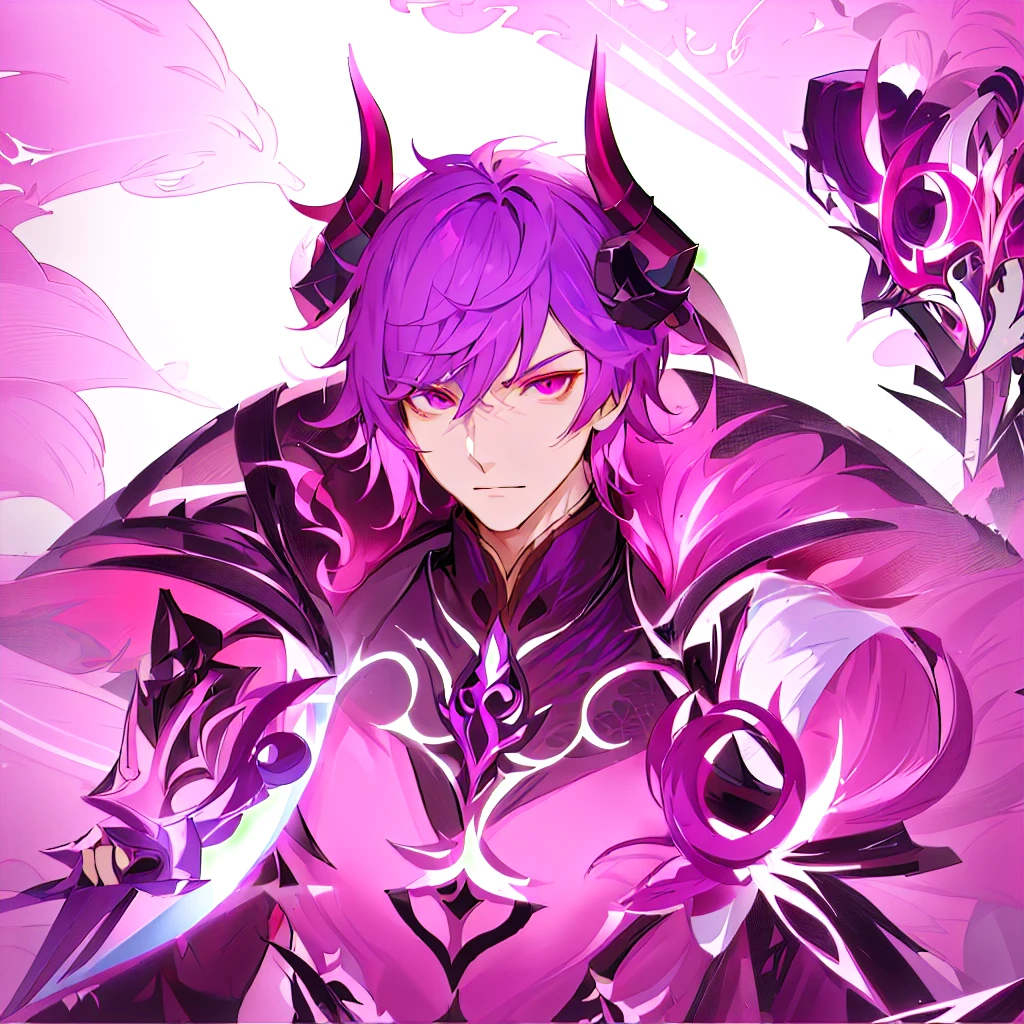Anime character with dark purple hair and pink eyes holding a sword, the former demon king, Beautiful male god of death, genshin impact zhongli, genshin impact character, male demon, Retrato onmyoji, anime key art, Evil and devious male, detailed anime key art, héroe 2 d fanart artstation, white armor