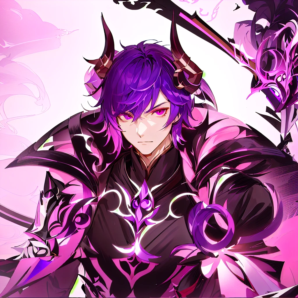 Anime character with dark purple hair and pink eyes holding a sword, the former demon king, Beautiful male god of death, genshin impact zhongli, genshin impact character, male demon, Retrato onmyoji, anime key art, Evil and devious male, detailed anime key art, héroe 2 d fanart artstation, white armor