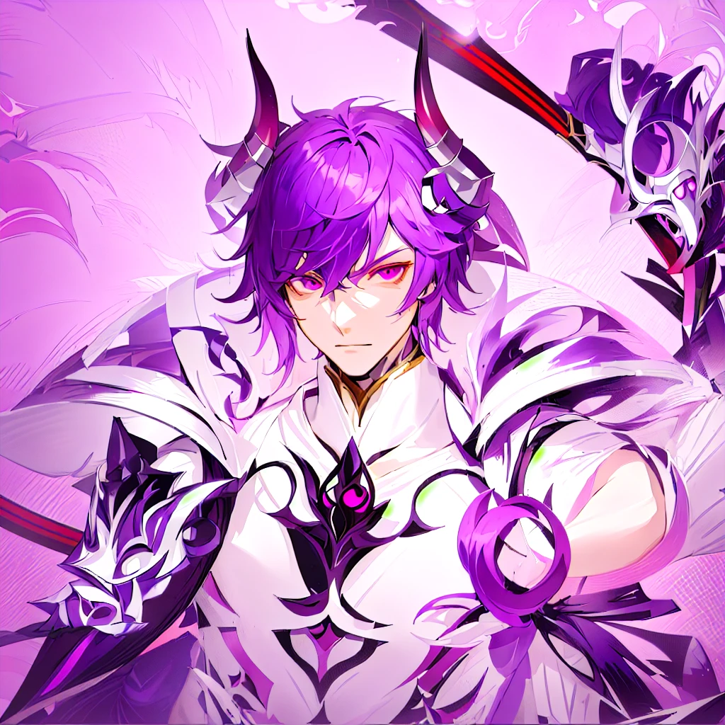 Anime character with dark purple hair and pink eyes holding a sword, the former demon king, Beautiful male god of death, genshin impact zhongli, genshin impact character, male demon, Retrato onmyoji, anime key art, Evil and devious male, detailed anime key art, héroe 2 d fanart artstation, white armor