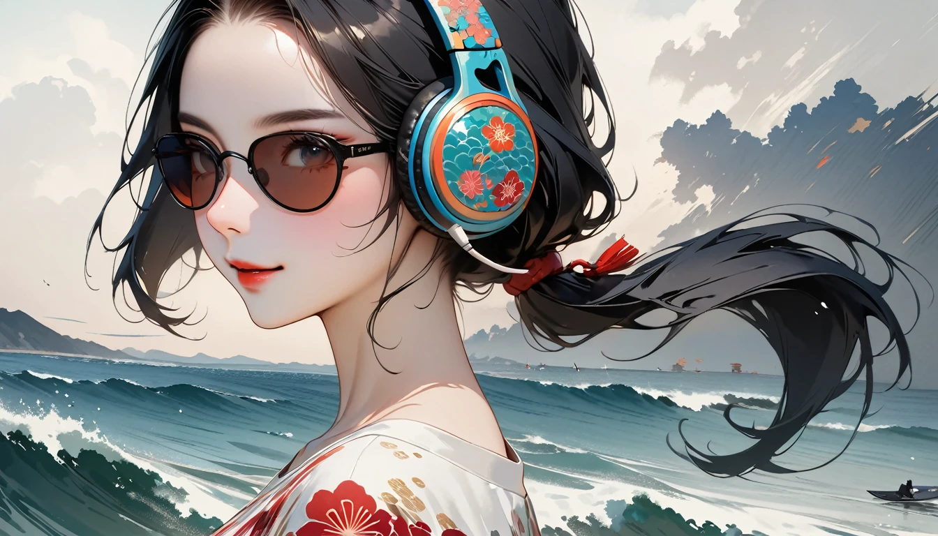 (((8K, Masterpiece, high resolution, highest quality, highest quality real texture skin))), (((whole body))), ((wearing Japanese pattern headphones)), (((1 girl))), (((Smiling and paddling on the ocean))), ((sunglasses)), (Japanese pattern Tシャツ, super mini shorts), (Black shiny hair, beige skin, ponytail), (surreal, digital painting)
