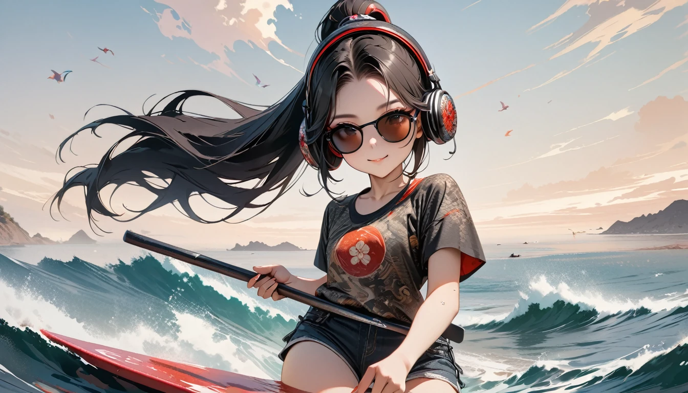 (((8K, Masterpiece, high resolution, highest quality, highest quality real texture skin))), (((whole body))), ((wearing Japanese pattern headphones)), (((1 girl))), (((Smiling and paddling on the ocean))), ((sunglasses)), (Japanese pattern Tシャツ, super mini shorts), (Black shiny hair, beige skin, ponytail), (surreal, digital painting)