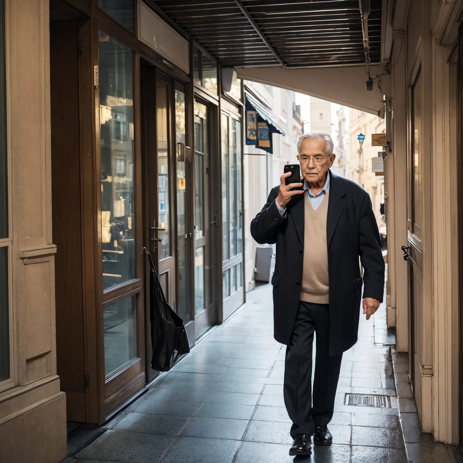 best quality, masterpiece, detailed, elderly man, Real picture, 1 male, older man, cell phone call, holding a cell phone in hand, Stunning cityscape, Streetscape, inside the building