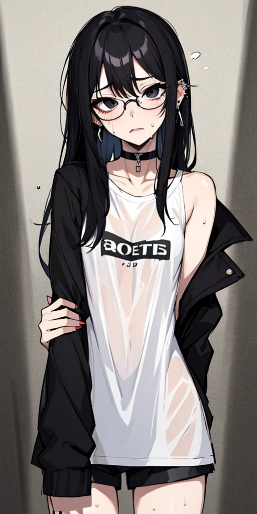 (masterpiece), best quality, expressive eyes, highres, anatomically correct, 1girl, perfect face, perfect hands, female, pale, glasses, messy hair, black hair, very long hair, black eyes, glasses, weak, tired, small breasts, graphic t-shirt, gothic, emo, goth, exposed left shoulder, piercings, ear piercings, lip piercings, fatigue, eye-bags, sore, blank eyes, expressionless, weak, crazy face, crazy eyes, swept bangs, choker, standing, freaked out, shocked, nervous, stressed, sweating, black hair, black eyes, wet shirt, black jacket,
