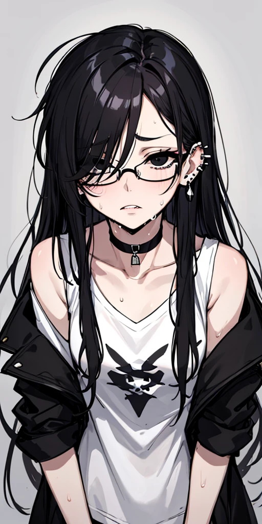 (masterpiece), best quality, expressive eyes, highres, anatomically correct, 1girl, perfect face, perfect hands, female, pale, glasses, messy hair, black hair, very long hair, black eyes, glasses, weak, tired, small breasts, graphic t-shirt, gothic, emo, goth, exposed left shoulder, piercings, ear piercings, lip piercings, fatigue, eye-bags, sore, blank eyes, expressionless, weak, crazy face, crazy eyes, swept bangs, choker, standing, freaked out, shocked, nervous, stressed, sweating, black hair, black eyes, wet shirt, black jacket,
