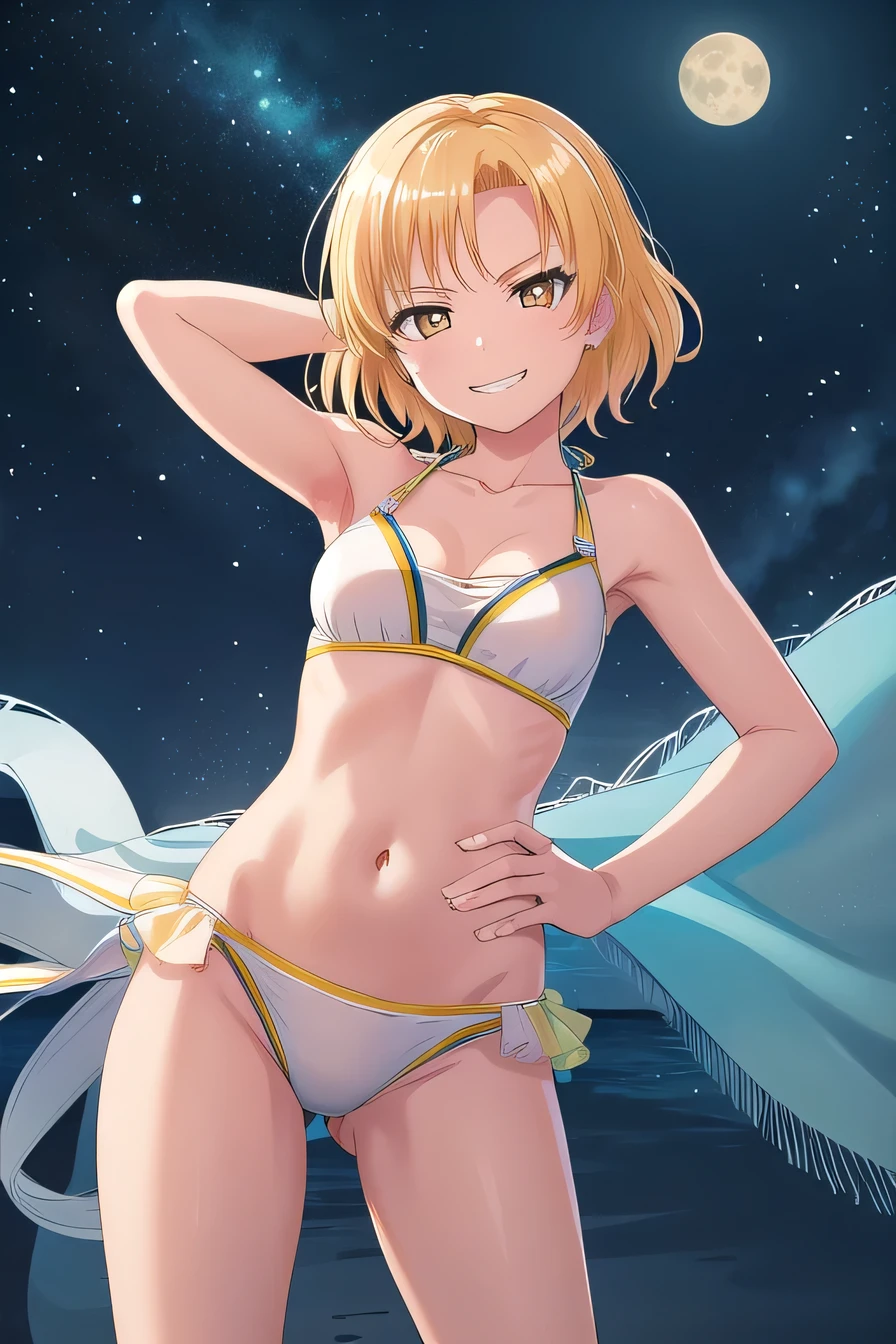 MASKING, 1girl, solo, looking at viewer, smile, short hair, blonde hair, brown eyes, yellow eyes, white bikini, high quality, solo, night sky, beach, arm behind head, hand on hip, contrapposto, closed mouth, spread armpits, (cowboy shot:1.5), looking at viewer, grin, best quality,