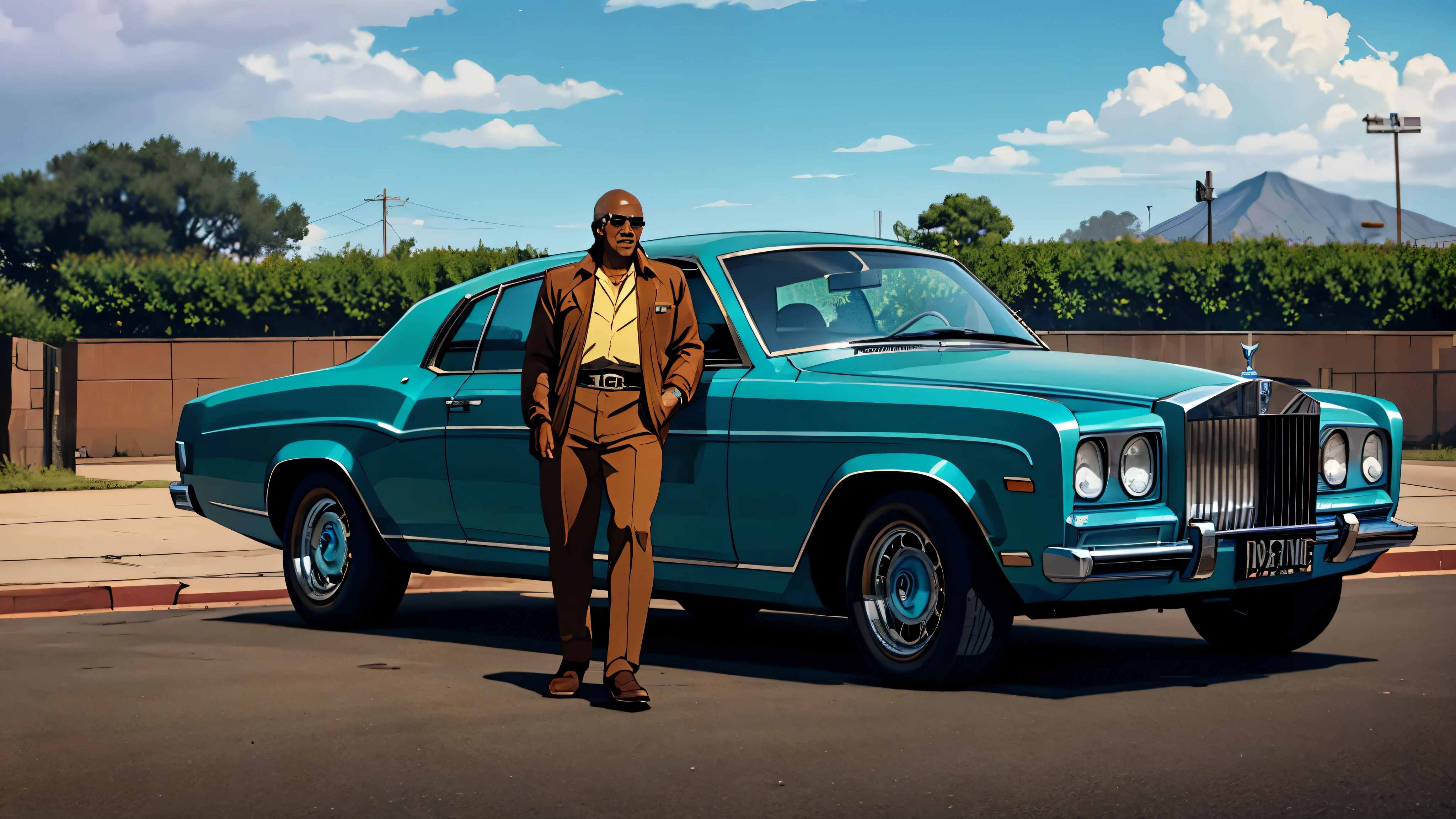 1970s african-american male walking out of prison and getting inside a "Rolls Royce", cinematic action, masterpiece, super detail, textured skin, atmospheric perspective,