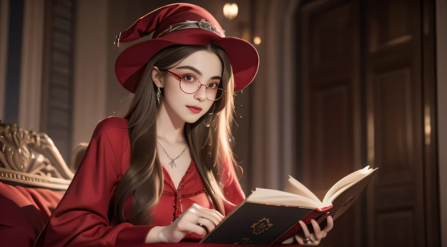Woman in red hat and glasses holding a book,Silver Hair,She wears Harry Potter glasses, Maya Ali as morality&morality sorceress, Holding a spell book, Dress up as a witch, morality&morality magician, Wearing a red wizard hat.