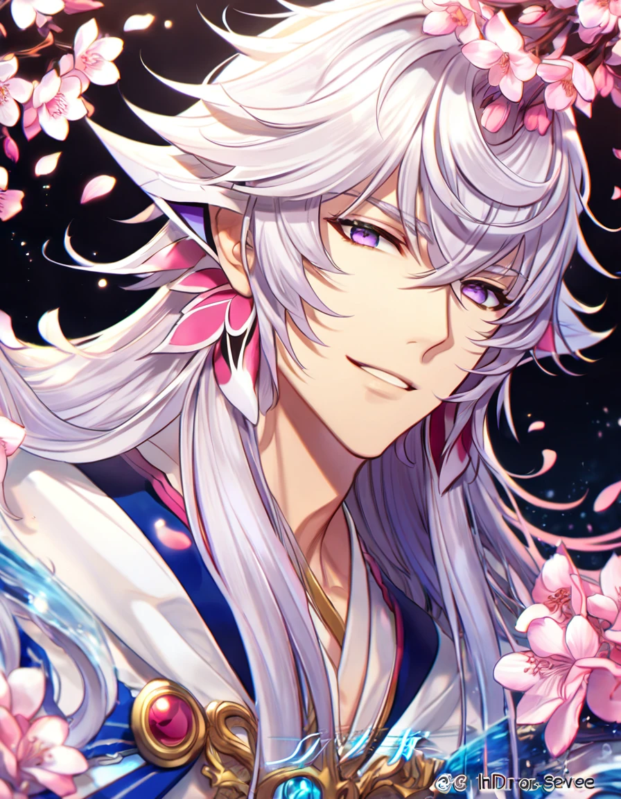 absurdres, highres, ultra detailed, HDR, master piece, Merlin, white hair, long hair, expressive light purple eyes, white tunic, white cape, Fate Gran Order, sexy man, handsome, best quality, pink glittering crescent moon, pink flowers, fantasy, magical, solo, water, pink shining fireflies, pink petals, sensual, horny, manly man, pink powers, pink crystal