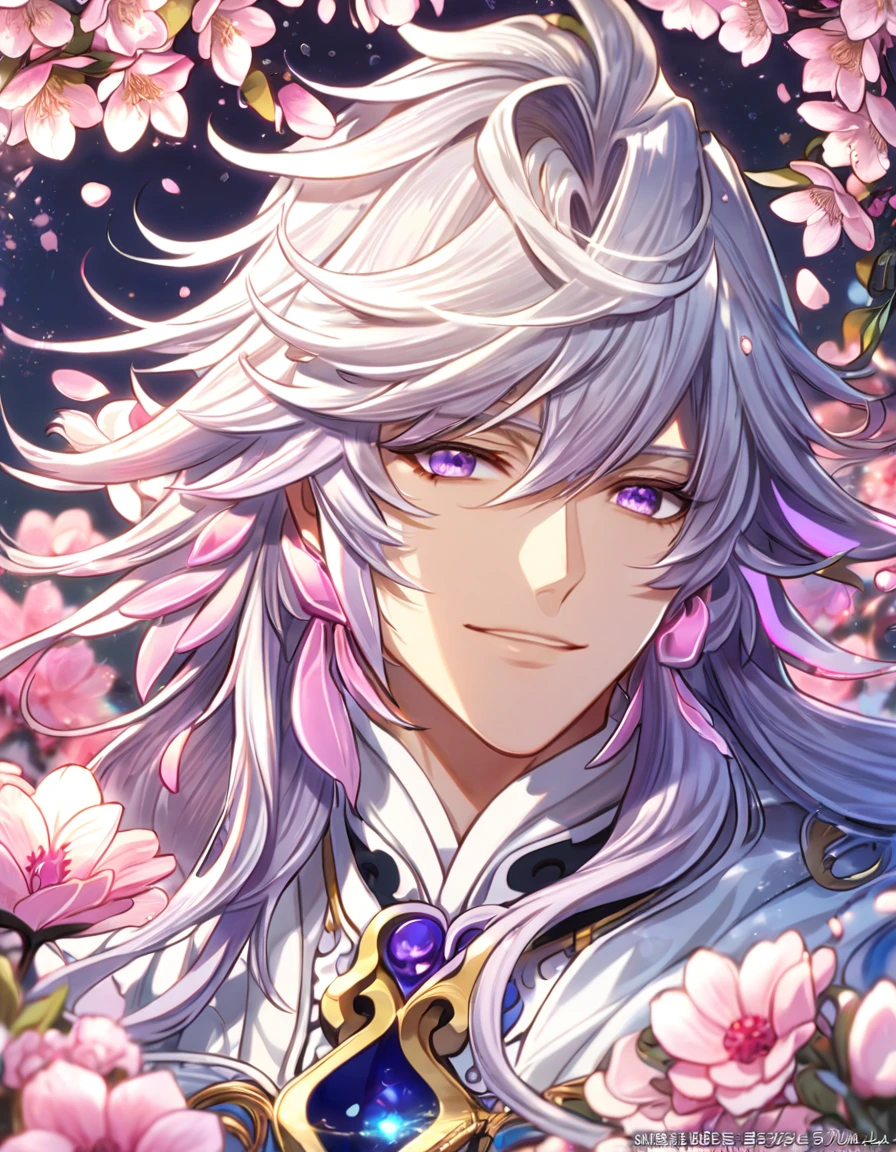 Ultra detailed, highres, absurdres, HDR, master piece, Merlin, white long hair, expressivee purple eyes, white tunic, Fate Grand Order, fantasy, pink petals, water, pink flowers, handsome, sexy man, solo, best quality, blossoms, blue shining fireflies, handsome smile, 1 man only, magical