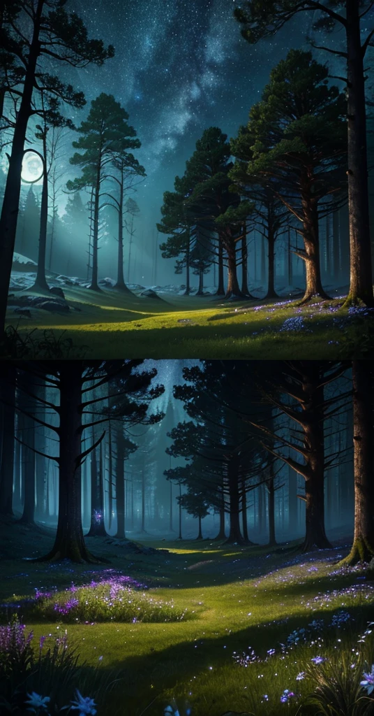 a serene moonlit meadow in a lush forest at night, dark moody colors, peaceful atmosphere, soft moonlight, starry night sky, ancient twisted trees, mossy rocks, long flowing grass, wildflowers blooming, photorealistic, cinematic lighting, highly detailed, digital art