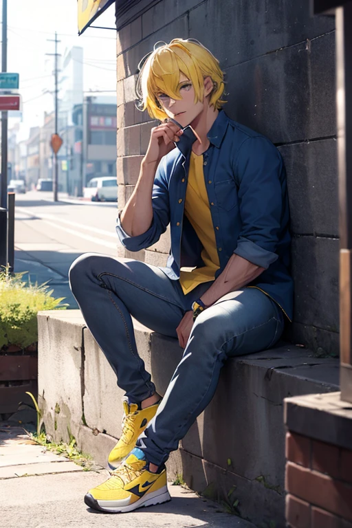 man with yellow hair, con una blue shirt, dark blue pants, blue eyes, whole body, yellow shoes, blue shirt