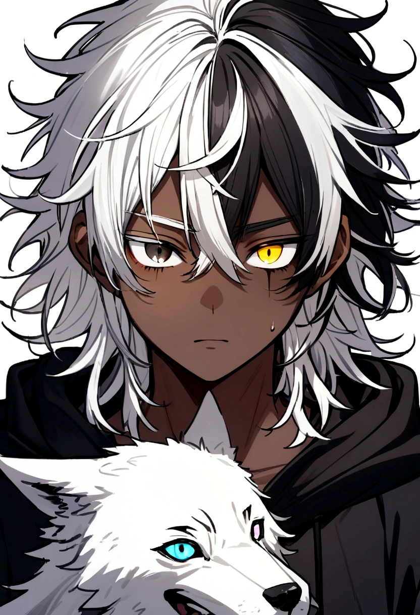 white shirt, wearing a black hoodie , yellow and black eyes heterochromia , , dark expression , Messy hair , Medium length hair , 1 men , multicolored black and white hair , two tone hair , dark skin color with a white wolf