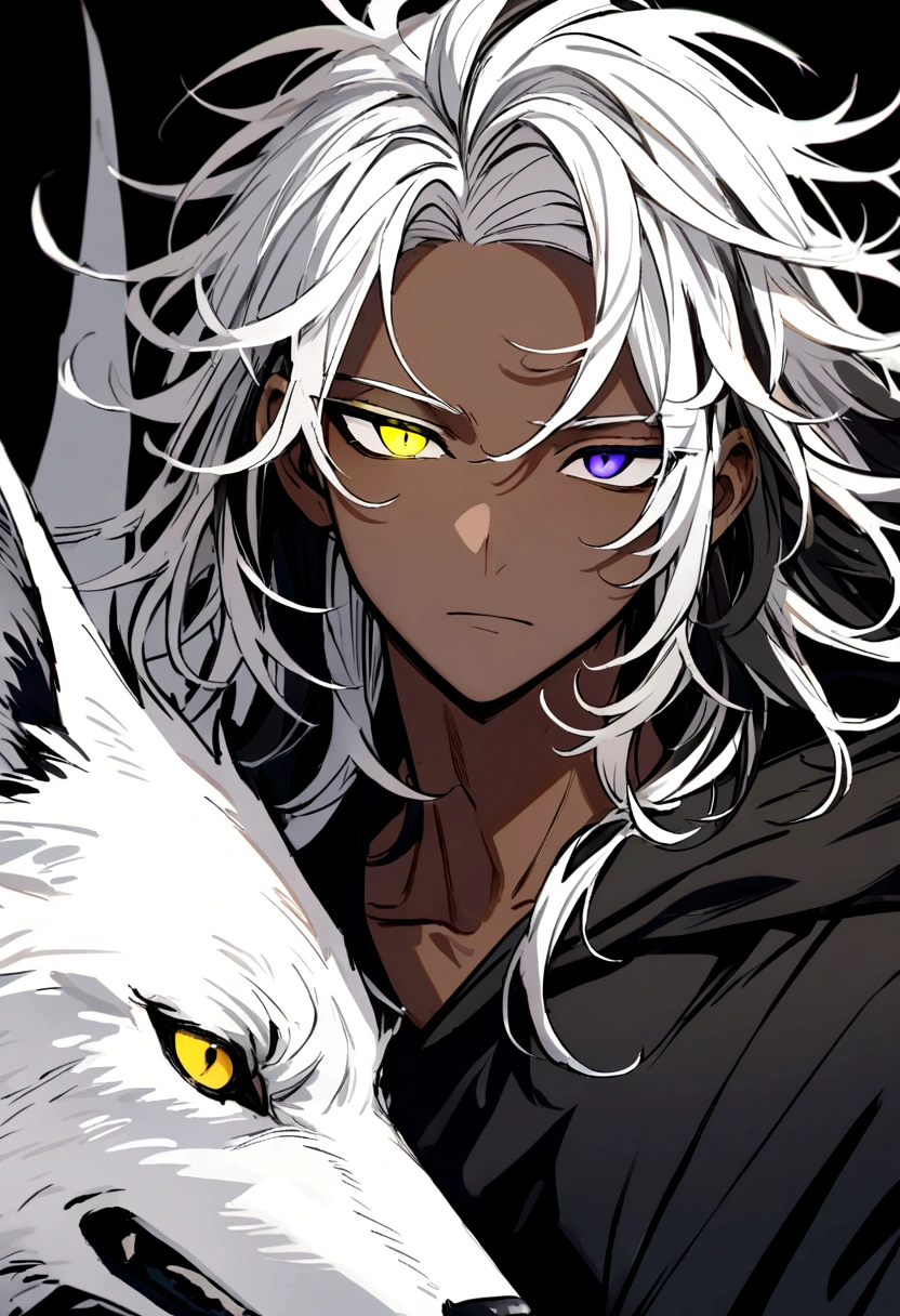 white shirt, wearing a black hoodie , yellow and black eyes heterochromia , , dark expression , Messy hair , Medium length hair , 1 men , multicolored black and white hair , two tone hair , dark skin color with a white wolf