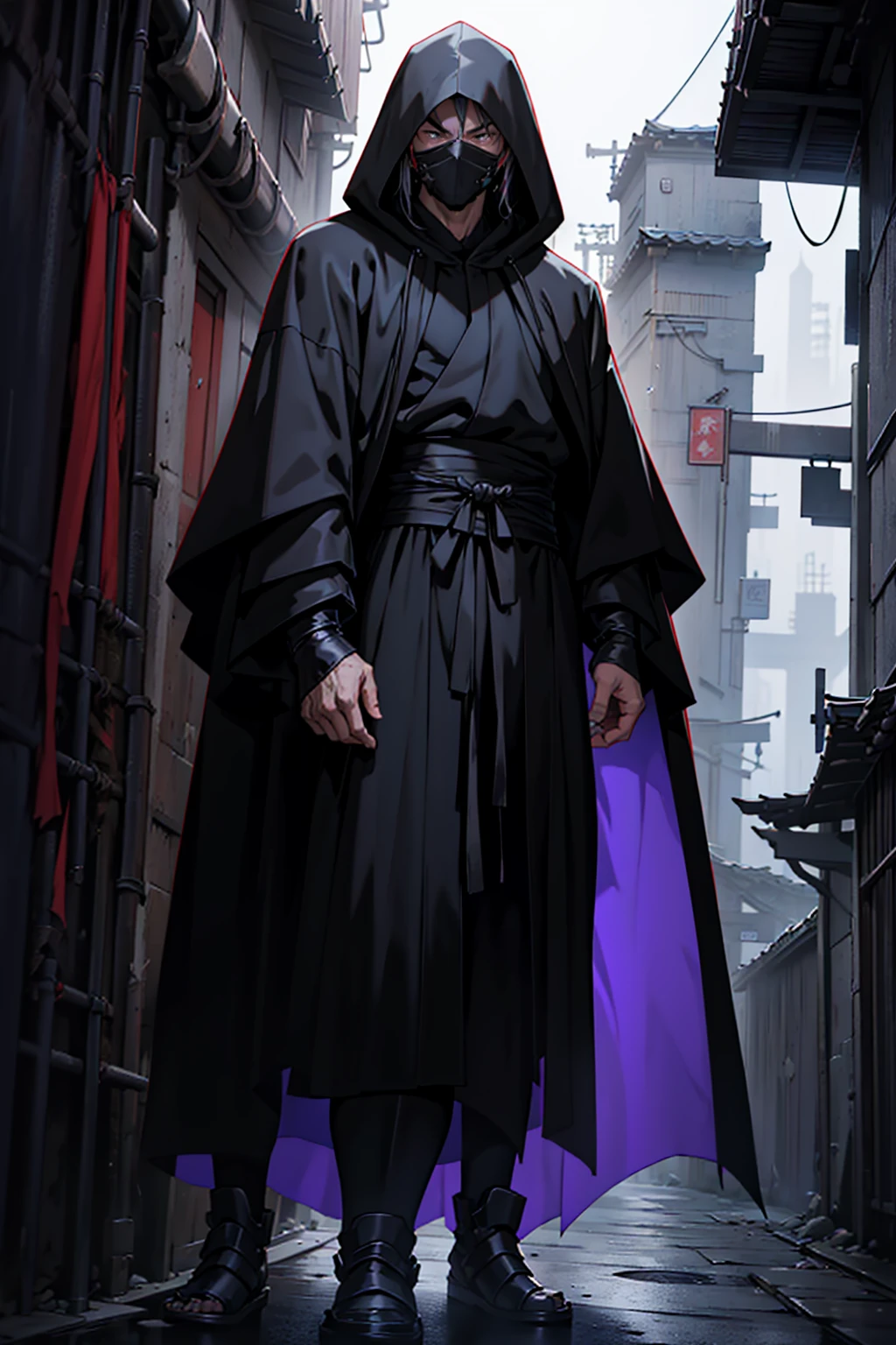arafed hooded man in a black robe standing in a dark alley, wearing dark robe, hooded cloaked sith lord, wearing dark , wearing a black robe, wearing black robe, mystic ninja, wearing black sith robesurai jedi, dark flowing robe, cyberpunk samurai, dark robe, artwork in the style of guweiz