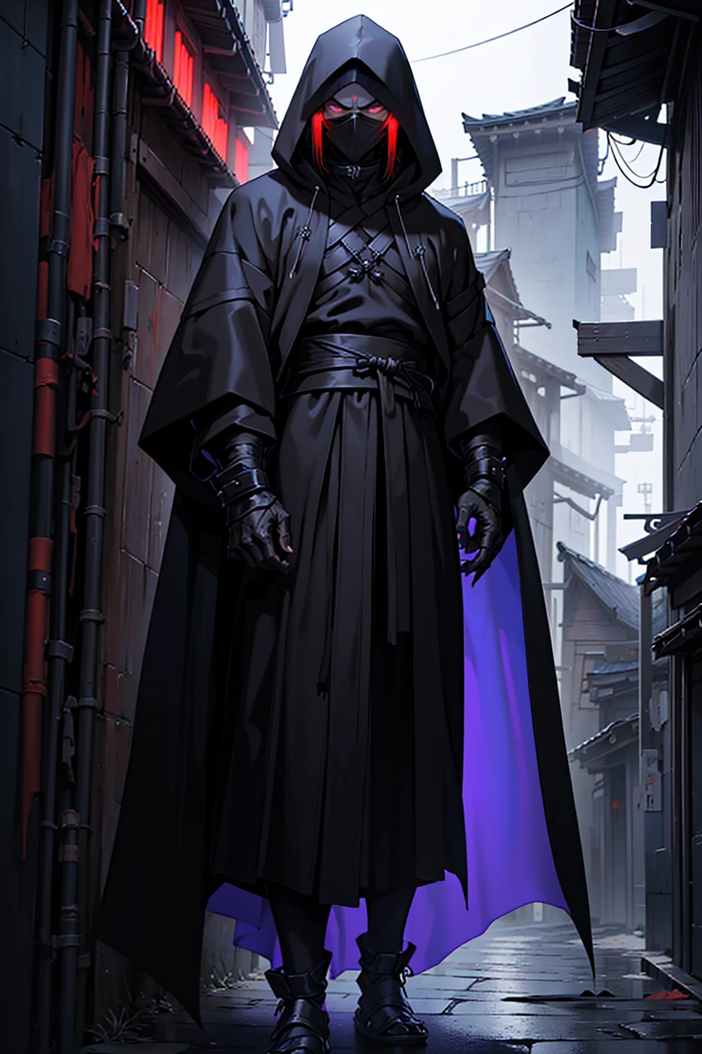 arafed hooded man in a black robe standing in a dark alley, wearing dark robe, hooded cloaked sith lord, wearing dark robes, wearing a black robe, wearing black robe, mystic ninja, wearing black sith robes, samurai jedi, dark flowing robe, cyberpunk samurai, dark robe, artwork in the style of guweiz