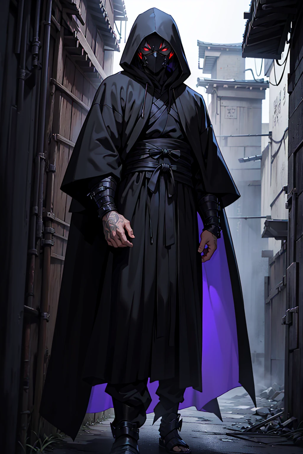 arafed hooded man in a black robe standing in a dark alley, wearing dark robe, hooded cloaked sith lord, wearing dark robes, wearing a black robe, wearing black robe, mystic ninja, wearing black sith robes, samurai jedi, dark flowing robe, cyberpunk samurai, dark robe, artwork in the style of guweiz