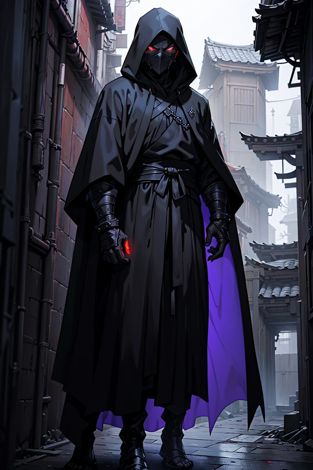 arafed hooded man in a black robe standing in a dark alley, wearing dark robe, hooded cloaked sith lord, wearing dark robes, wearing a black robe, wearing black robe, mystic ninja, wearing black sith robes, samurai jedi, dark flowing robe, cyberpunk samurai, dark robe, artwork in the style of guweiz