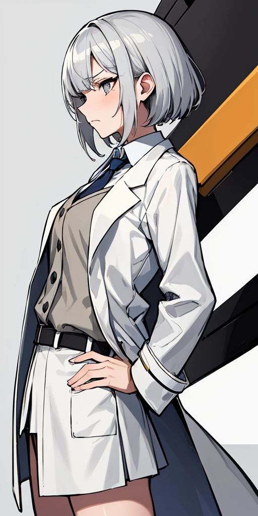 (absurdres, 8k, 4k, masterpiece, hyper extreme detailed:1.2), solo, 1girl, side view, perfect face, 1girl, portrait, perfect ???????, cowboy shot, solo, standing, Female, Mature Female, short hair, white hair, white skirt, button shirt, white vest, gray tie, tired, fatigue, annoyed, dissatisfied, arms in front, holding phone in right hand, left hand on hip, bored, science, smart, genius, intelligent, scientist, lab_coat, white labcoat, swept bangs, bored, frown, gray eyes, silver eyes, lab background, room background, best anatomy, standing, half body, closed inner jacket, White Skirt, short

