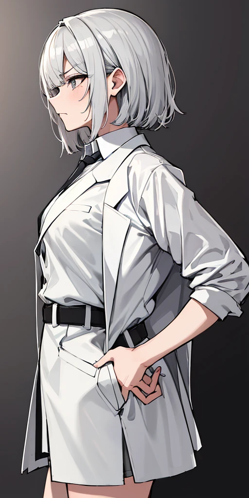 (absurdres, 8k, 4k, masterpiece, hyper extreme detailed:1.2), solo, 1girl, side view, perfect face, 1girl, portrait, perfect anatomy, cowboy shot, solo, standing, Female, Mature Female, short hair, white hair, white skirt, button shirt, white vest, gray tie, tired, fatigue, annoyed, dissatisfied, arms in front, holding phone in right hand, left hand on hip, bored, science, smart, genius, intelligent, scientist, lab_coat, white labcoat, swept bangs, bored, frown, gray eyes, silver eyes, lab background, room background, best anatomy, standing, half body, closed inner jacket, White Skirt, short
