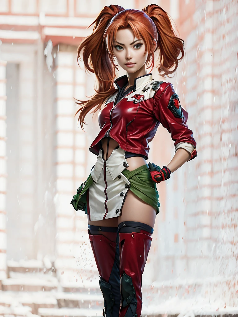 Generate an extremely photorealistic image of Kokoa Shuzen from "Rosario + Vampire" in a with red twin-tails and green eyes. The scene should feature lifelike textures and details, with natural lighting highlighting her fierce and captivating presence. Keywords: 64K, photorealistic, UHD, hyper-detailed, HDR, professional photography, realistic rendering, lifelike, Kokoa Shuzen, .