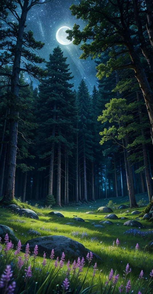 highly detailed, comforting moonlit meadow in a lush forest at night, dark colors, dark peaceful atmosphere, moonlight, night sky, stars, ancient trees, mossy rocks, long grass, wildflowers
