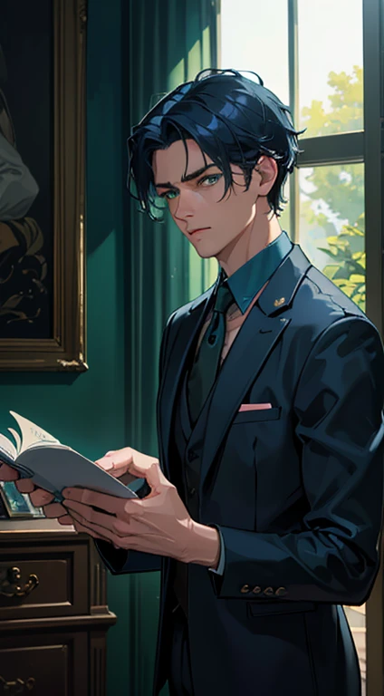 (best quality, masterpiece, 8K, photorealistic, cinematic lighting, hdr image, ultra detailed, beautiful image), 1 man, mature, very handsome, serious expression, short blue hair, green eyes, arranging suit