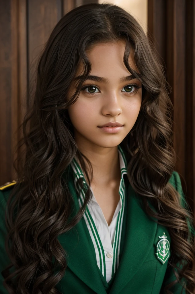 a girl of approximately to 17wears a Slytherin uniform, long curly hair fine features dark skin cute nose brown eyes long eyelashes