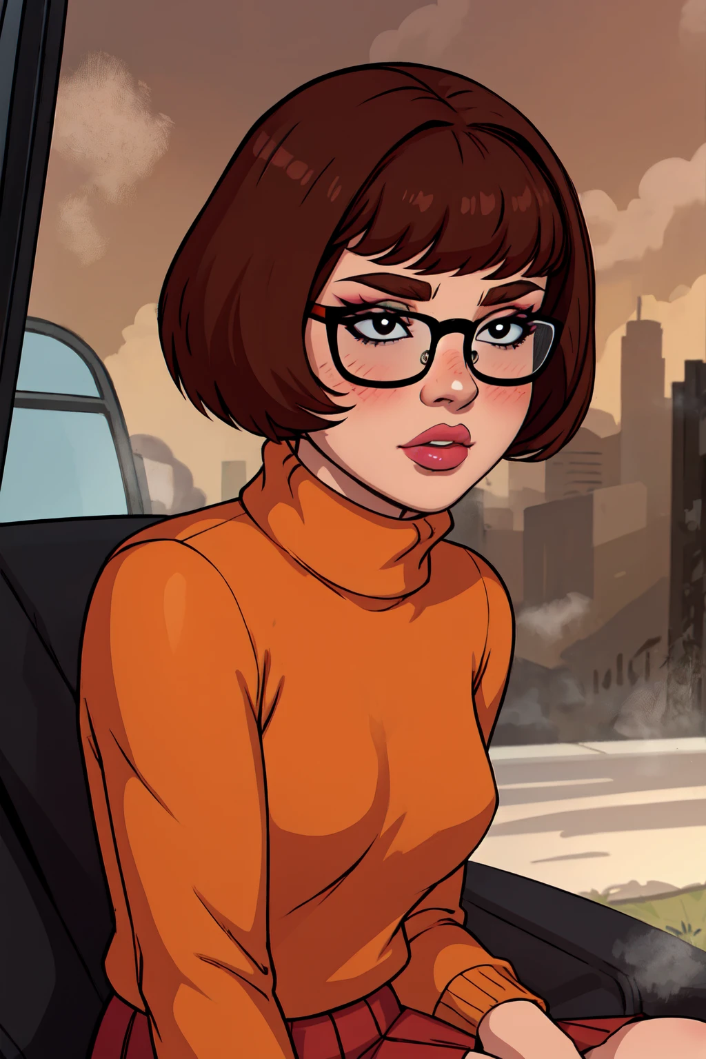 1girl, Velma from scooby-doo, solo, skinny, brown hair, black eyes, square glasses, orange turtleneck blouse and red skirt,  eyeliner, looking at viewer, lips, black bob cut, blunt bangs, blush, upper body, face focus, outdoors, horror \(theme\), night, fog egirlmakeup, sitting on the van car