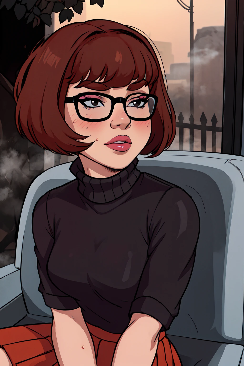 1girl, Velma from scooby-doo, solo, skinny, brown hair, black eyes, square glasses, orange turtleneck blouse and red skirt,  eyeliner, looking at viewer, lips, black bob cut, blunt bangs, blush, upper body, face focus, outdoors, horror \(theme\), night, fog egirlmakeup, sitting on the van car