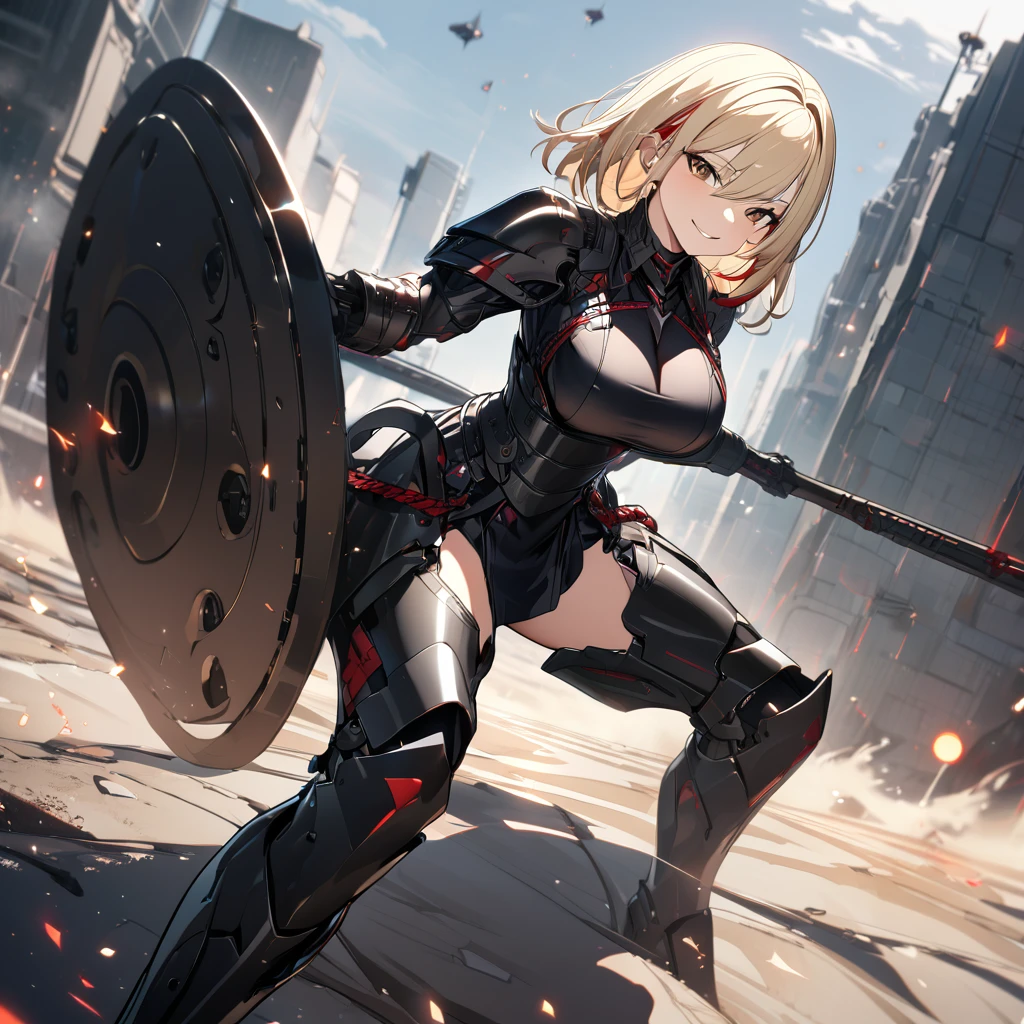 A woman in her 20s, wearing heavy black armor, black metal bracelet, black metal boots, with red details on the armor, short shoulder-length blonde hair, red bangs, smiles, multicolored hair,big breast,  brown eyes, sadistic smile, face of psychopath, evil face, holding a black metal shield, and a black metal sword, in a combat stance, in an open field, UHD , work- prime, precise, anatomically correct, textured skin, super details, high quality, best quality, 8k, high resolution, bokeh effect. (woman solo )
