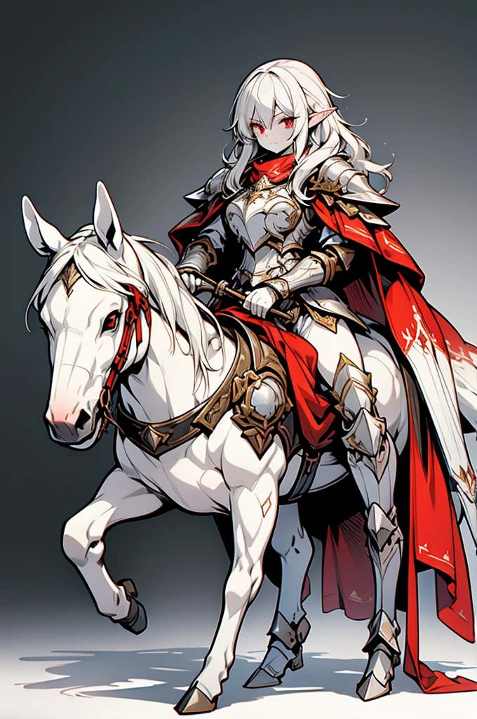 female half elf knight, full body art, silver hair, white skin, red iris eye, knight full plate adorned armor, silver cape, perfectly detailed, mounted on a horse.