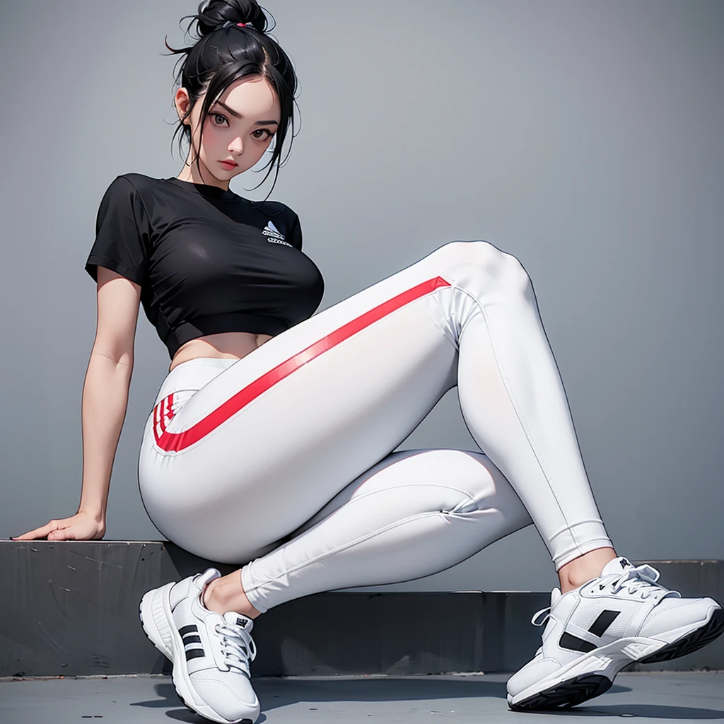 woman with black hair and bun , white three-stripe adidas gym leggings , black top , medium breats and thick thighs and sneakers , FullHD ,8K