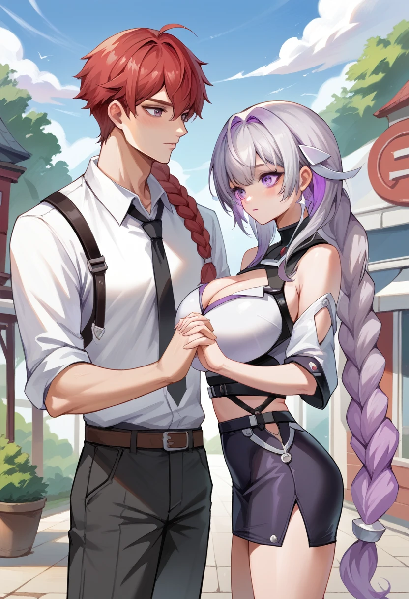 yinji,1 girl and one boy,grabbing breast,purple_hair,purple_Eye,Very_long_hair,grey_hair,Braided_Ponytail,big breast, Red hair boy,Wearing a white shirt,Very handsome red hair boy,With purple hairHolding Hands, girl and boy life right team style , slope_hair, girl one leg up ,girl and boy head pic, The background is dreamy