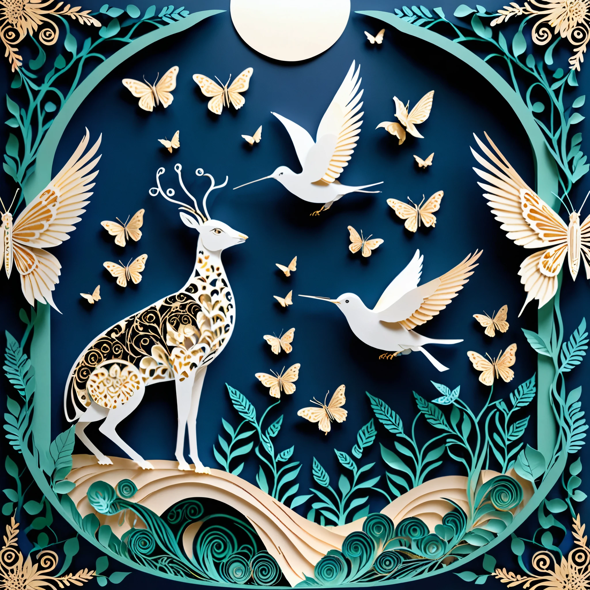 Create a detailed paper cutout artwork depicting a scene that combines intricate patterns with various creatures. The scene should include a harmonious blend of elaborate, decorative patterns interwoven with animals such as birds, fish, butterflies, and other creatures. The patterns should complement the forms and movements of the animals, creating a seamless integration between the natural and the abstract. The artwork should evoke a sense of wonder and intricacy, highlighting the beauty and complexity of both the patterns and the creatures. The overall mood should be artistic and enchanting, capturing the elegance of nature through detailed design