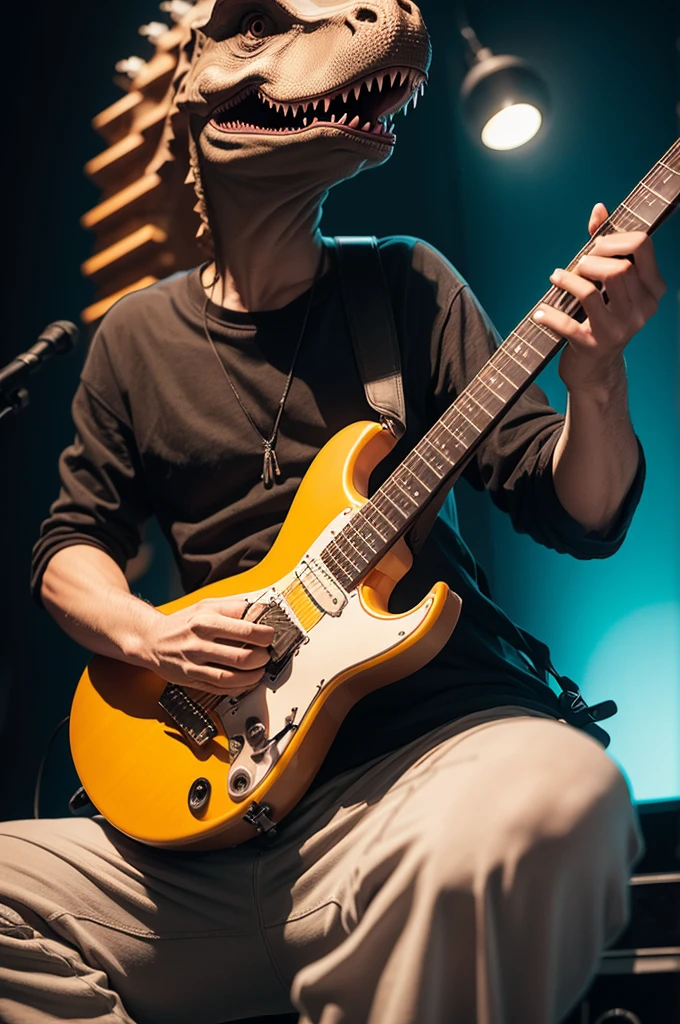 A dinosaur playing guitar