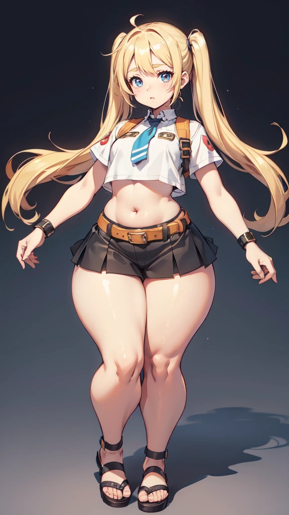 blank background, (((full body))), (masterpiece), ((best quality)), (very short girl), flat chest, short twintail, (wide hips:1.4), (thick thighs:1.5), (very short skirt), sandals, belt below navel, fanny packs, blonde