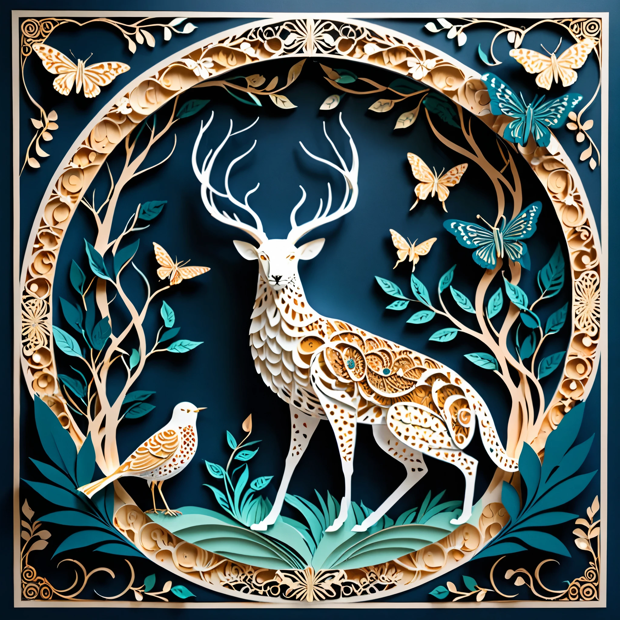 Create a detailed paper cutout artwork depicting a scene that combines intricate patterns with various creatures. The scene should include a harmonious blend of elaborate, decorative patterns interwoven with animals such as birds, fish, butterflies, and other creatures. The patterns should complement the forms and movements of the animals, creating a seamless integration between the natural and the abstract. The artwork should evoke a sense of wonder and intricacy, highlighting the beauty and complexity of both the patterns and the creatures. The overall mood should be artistic and enchanting, capturing the elegance of nature through detailed design