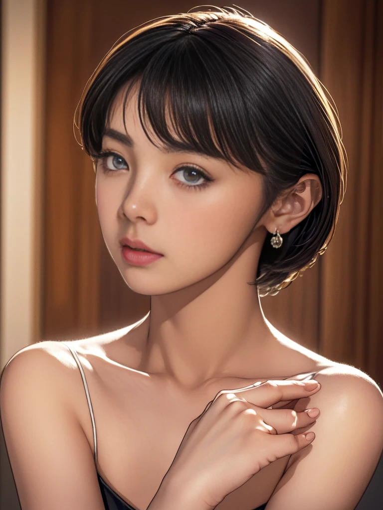 Elaizaikedareal, 1girl, beautiful detailed eyes, beautiful detailed lips, extremely detailed eyes and face, long eyelashes, 1 girl, solo, looking at viewer, short hair, bangs, brown hair, jewelry, earrings, outdoors, daylight, raised hands, beauty mark, soft focus, realistic, blurred background, photorealistic, (best quality,4k,8k,highres,masterpiece:1.2),ultra-detailed,(realistic,photorealistic,photo-realistic:1.37),vivid colors, studio lighting