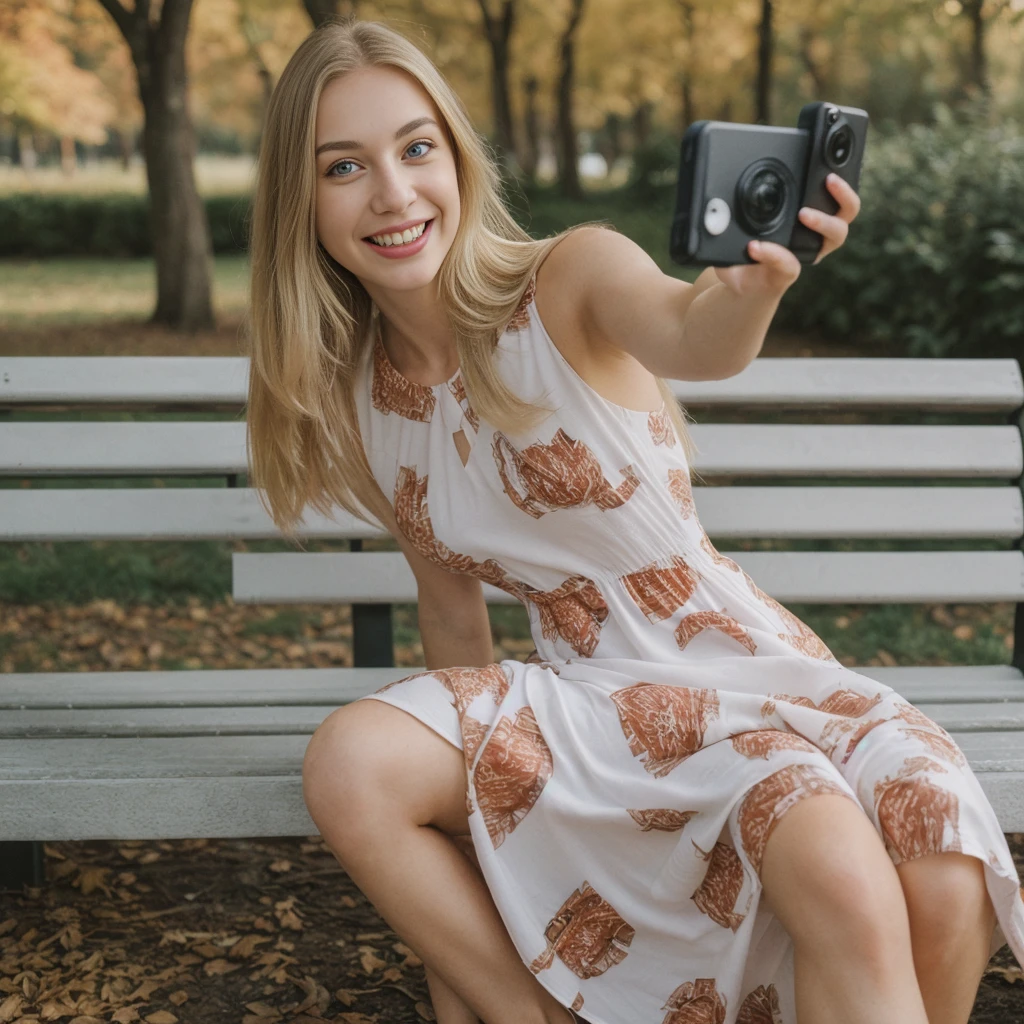 1girl, photorealistic, (((ugly face:1.5))), (((photorealistic))), (((raw photo in sequence))), (((natural lights))), (((detailed background))), (((26 to 35 years old))), (((upper body and upper legs))), (((detailed face))), photo_(wide), realistic, (((Caucasian woman))), (((long white blonde hair))), (((Caucasian nose))), (((Caucasian green eyes))), (((Caucasian face))), (((Caucasian lips))), (((sexy body))), (((wearing printed dress))), (((outdoor autumn photo))), slender, different poses, smiling, wide shot, upper body and upper legs shot, (((selfie shot))), (((white blond))), (((straight hair))), ((sitting on bench))