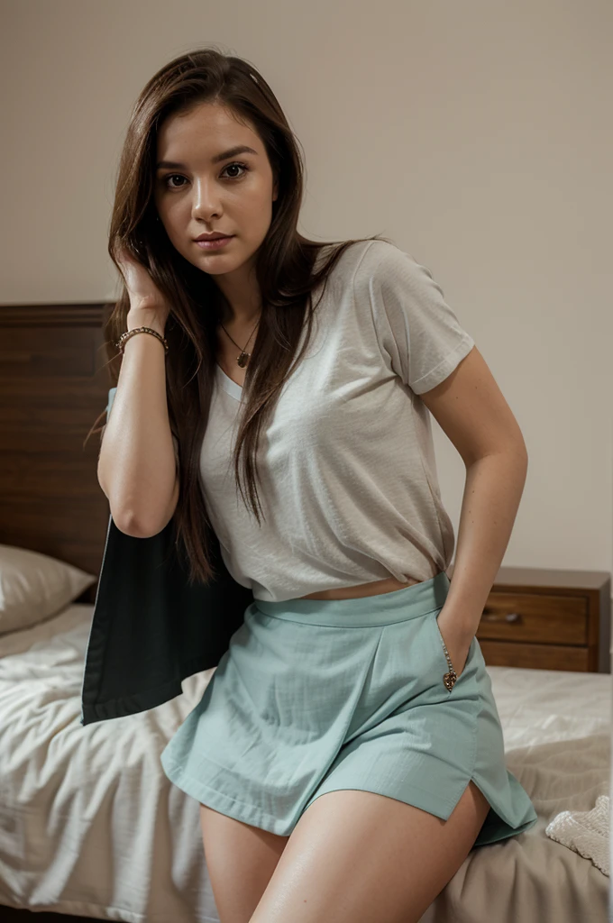 1girl in, 30 years old, Square face, Long hair, Looking at viewer, jewelry, Reality, Sexy, Short skirt outfit, bedroom background , free pose