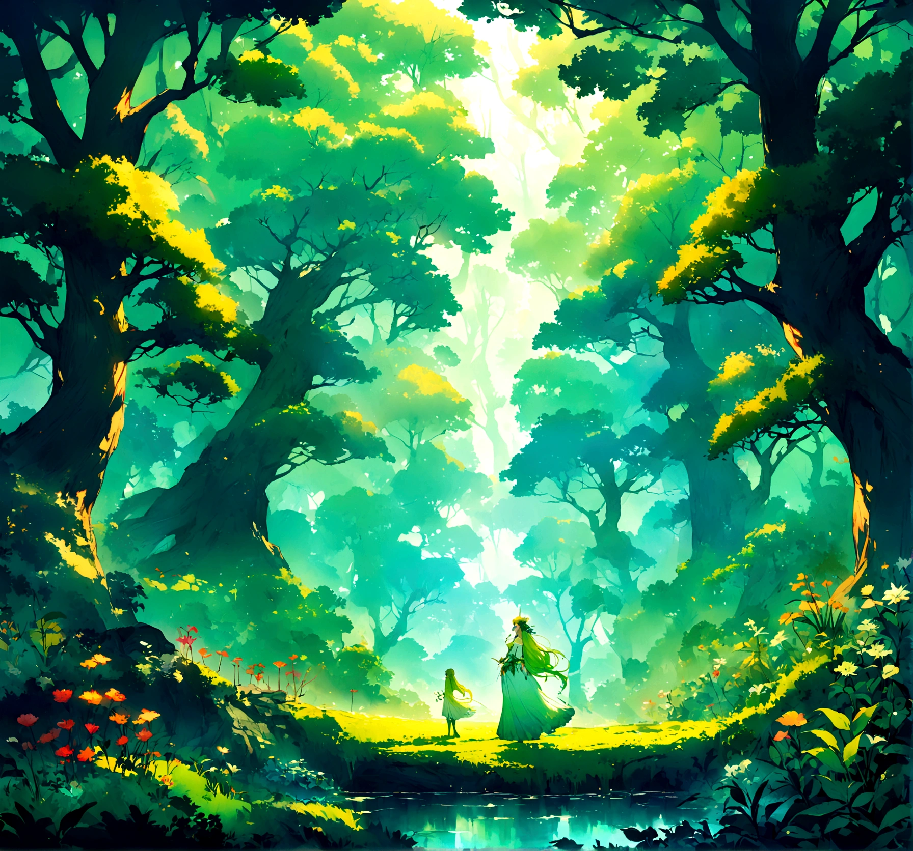 Create a high-quality, fantasy-style anime forest scene. The forest should be lush and vibrant, filled with various shades of green. Focus on the beauty of nature, with dense trees, mystical plants, and a magical ambiance. There should be no characters, just the serene and enchanting scenery of the forest, capturing the essence of an otherworldly, tranquil environment.